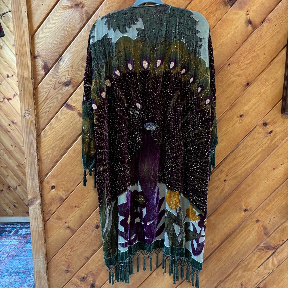 Vintage Beaded Peacock 🦚 Burnout Velvet Shawl/Kimono